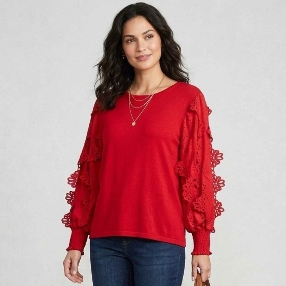 Chico's Eyelet Balloon Sleeve Top Women Large Red Laser Cut Smocked Romantic